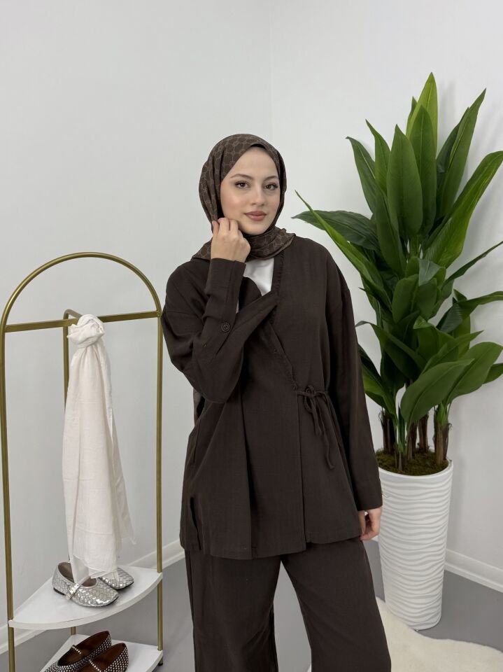 Yandan Bağlamalı Keten Takım Kahve S