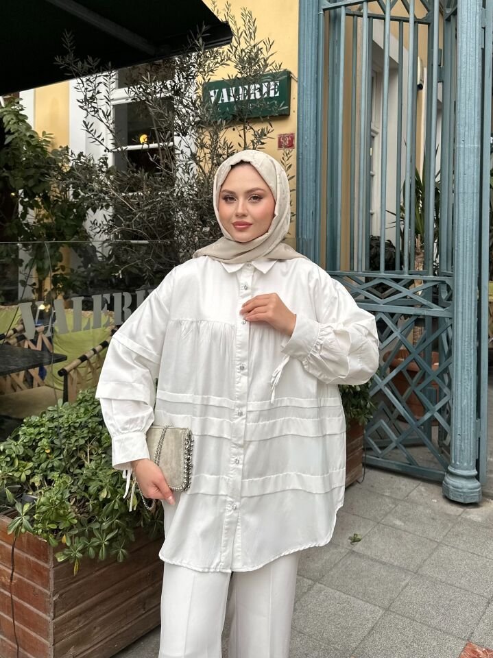 Double Kat Detaylı Tunik Beyaz 2XL