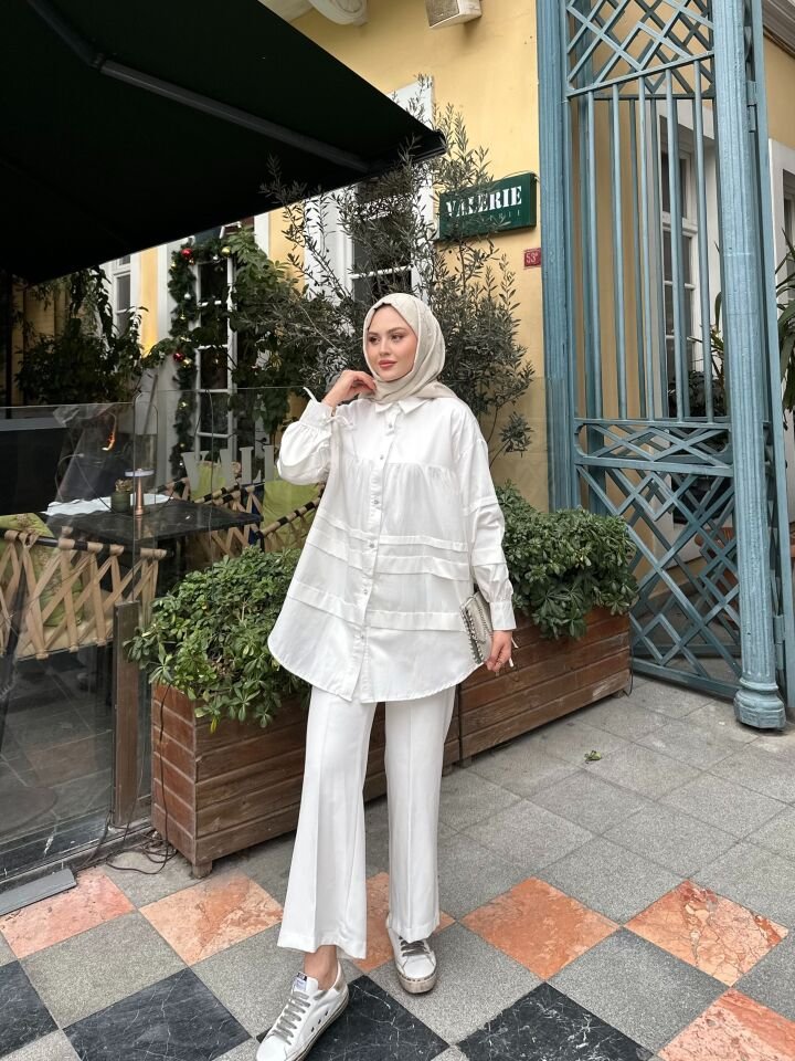 Double Kat Detaylı Tunik Beyaz 2XL
