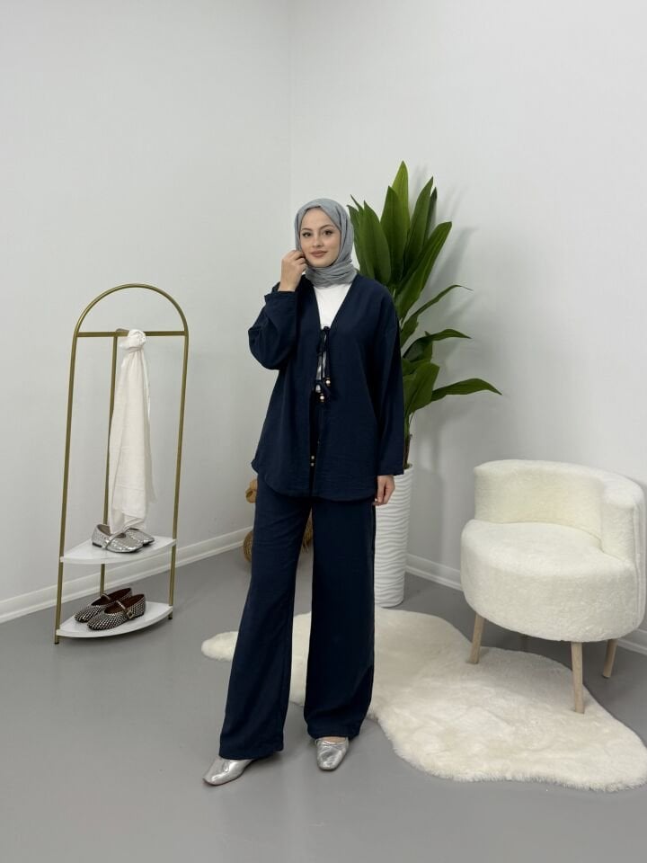 Önden Bağlamalı Boncuklu Takım Lacivert S