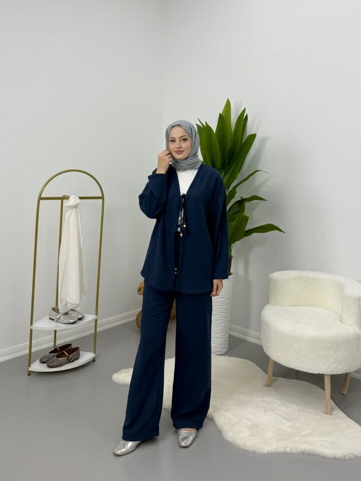 Önden Bağlamalı Boncuklu Takım Lacivert S