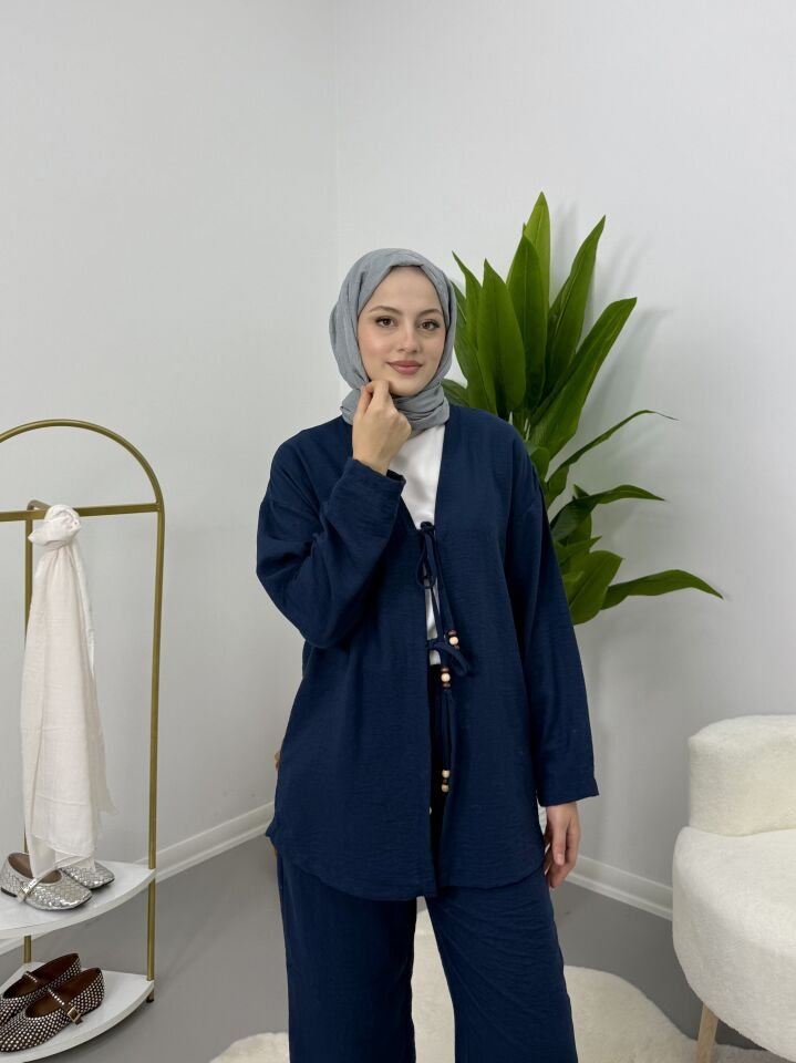 Önden Bağlamalı Boncuklu Takım Lacivert S