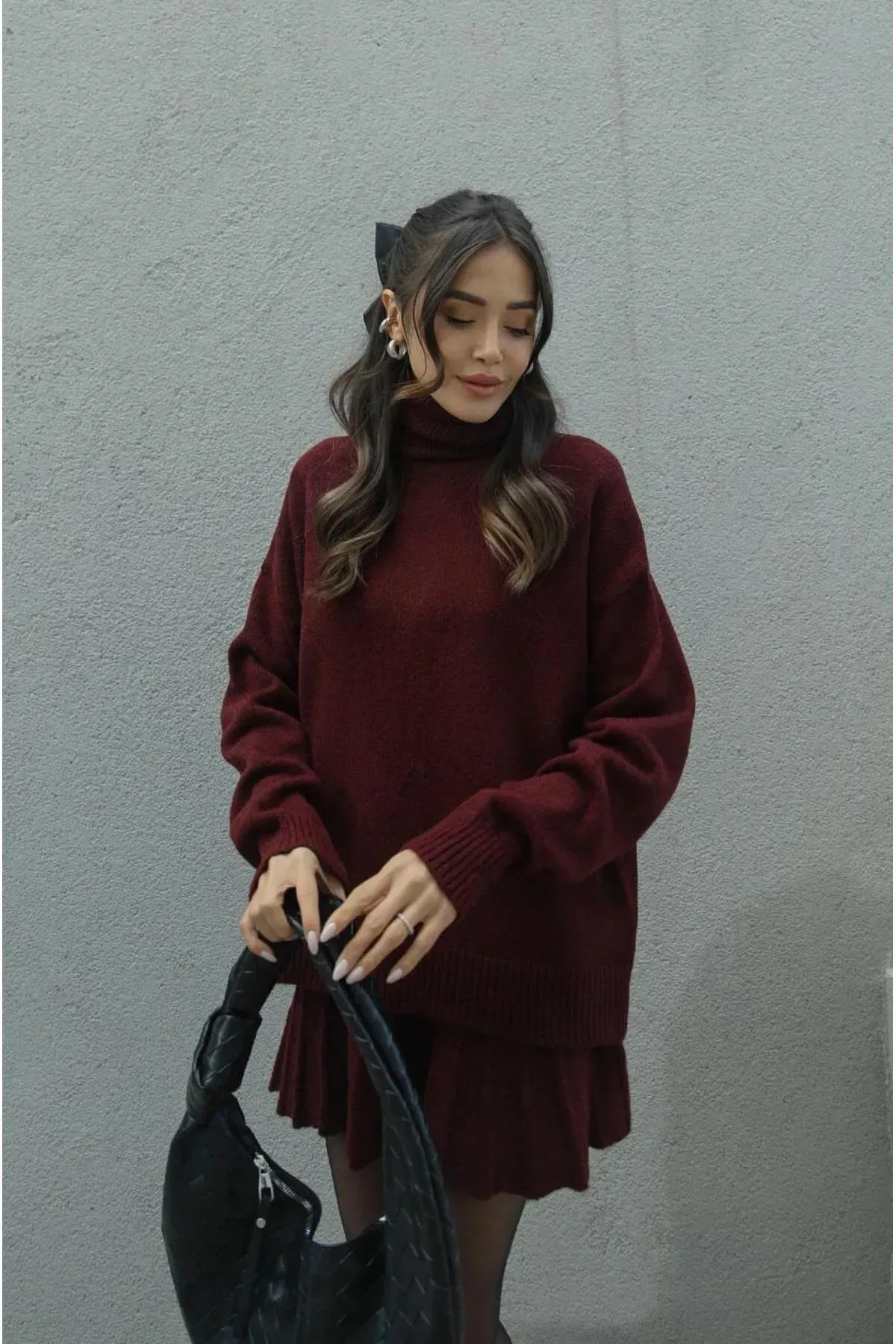 Pileli Mini Etek Balıkçı Kazak Triko Takım Bordo STANDART