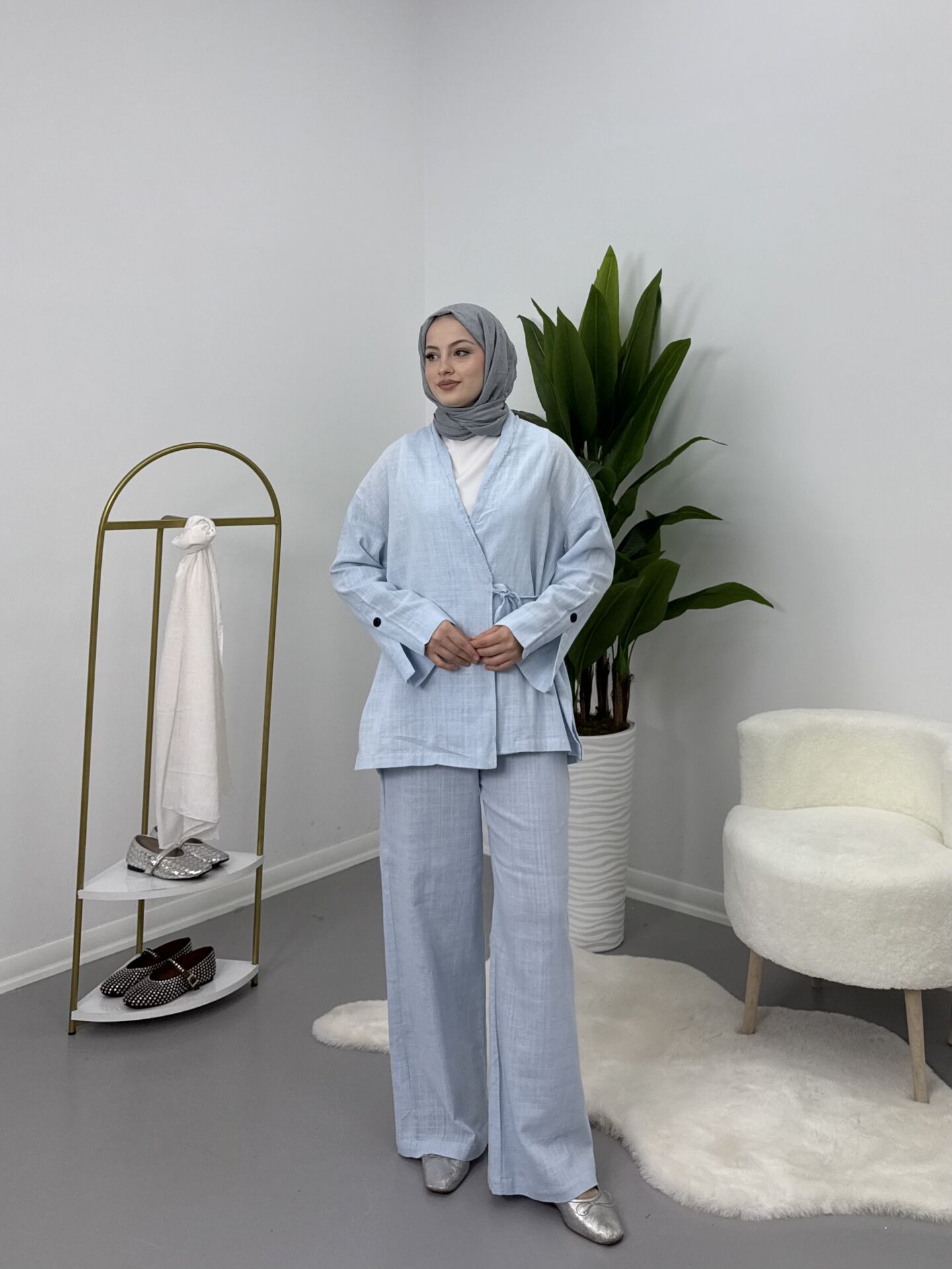 Yandan Bağlamalı Keten Takım Mavi S