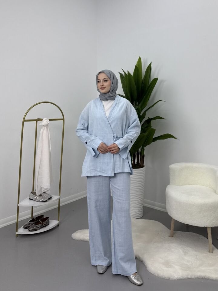 Yandan Bağlamalı Keten Takım Mavi M