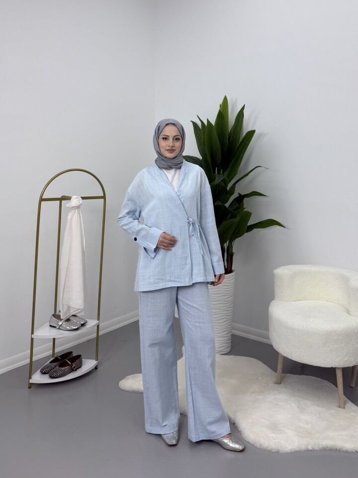 Yandan Bağlamalı Keten Takım Mavi M