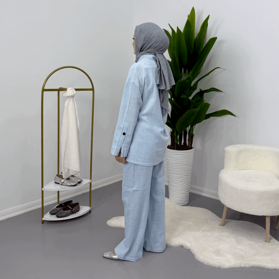 Yandan Bağlamalı Keten Takım Mavi M