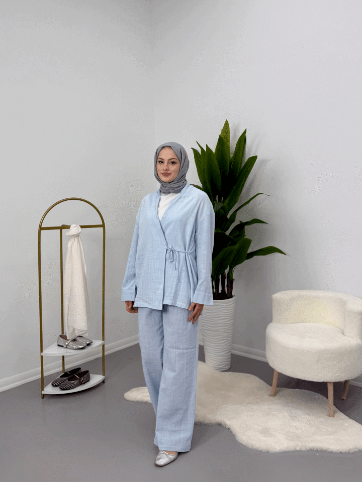 Yandan Bağlamalı Keten Takım Mavi M