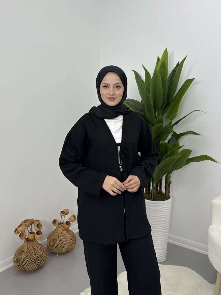 Önden Bağlamalı Boncuklu Takım Siyah S