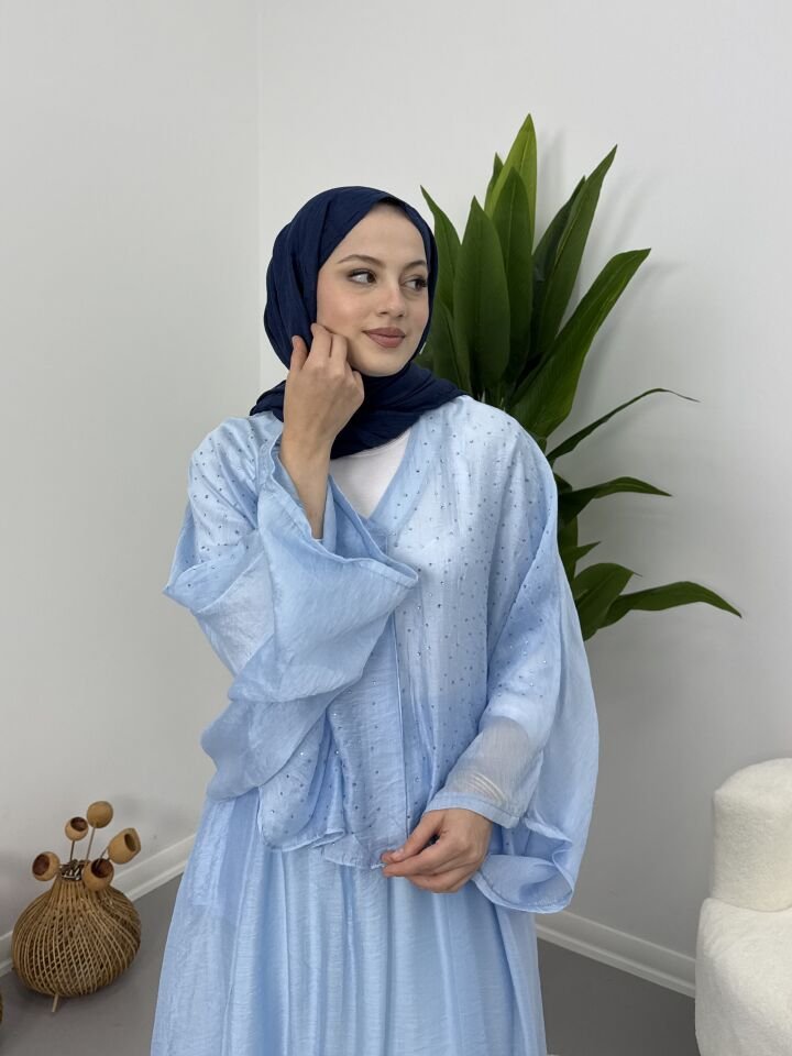 Taşlı Dökümlü Etek Takım Mavi STANDART