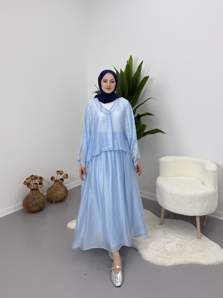 Taşlı Dökümlü Etek Takım Mavi STANDART