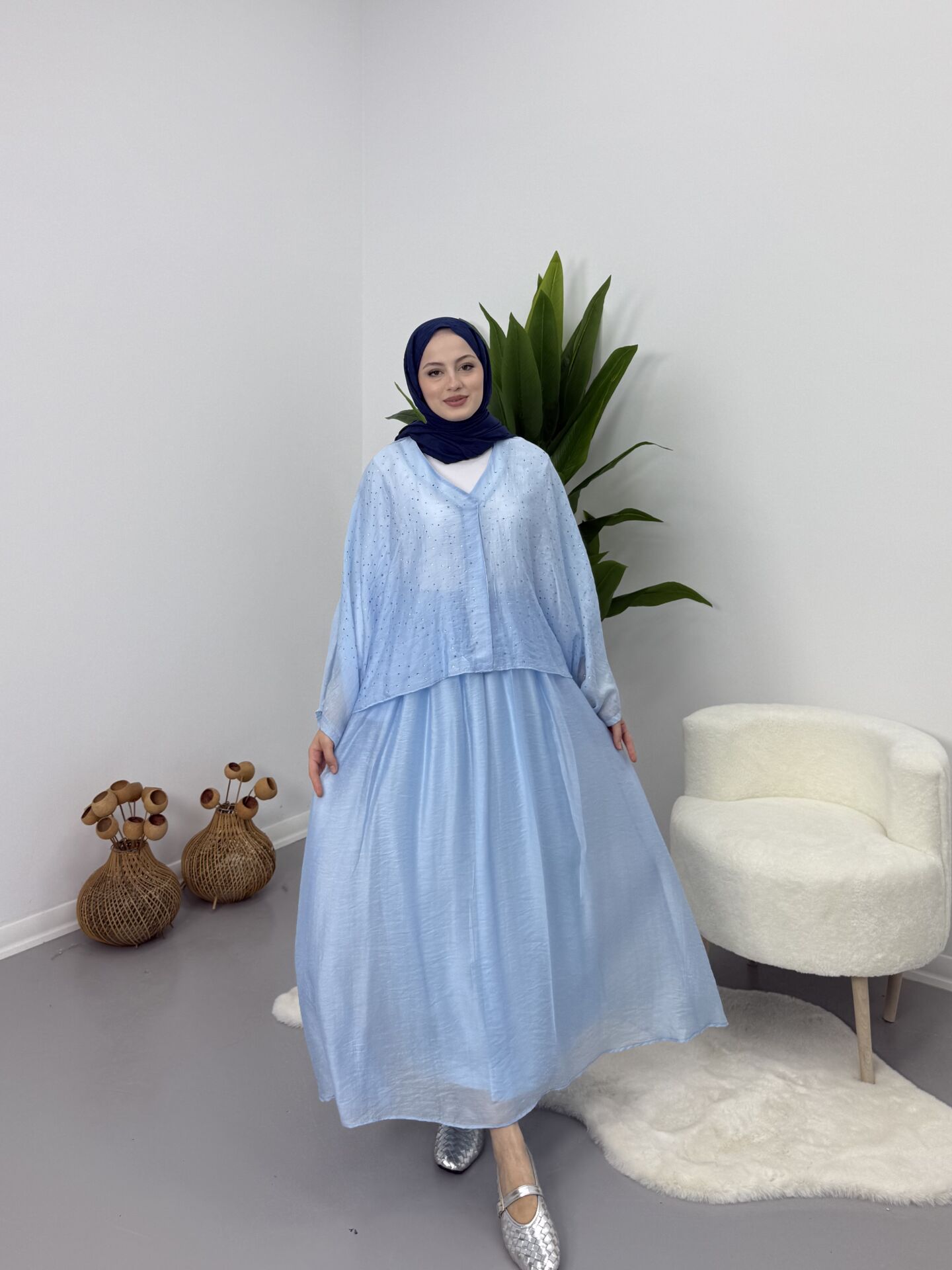 Taşlı Dökümlü Etek Takım Mavi STANDART