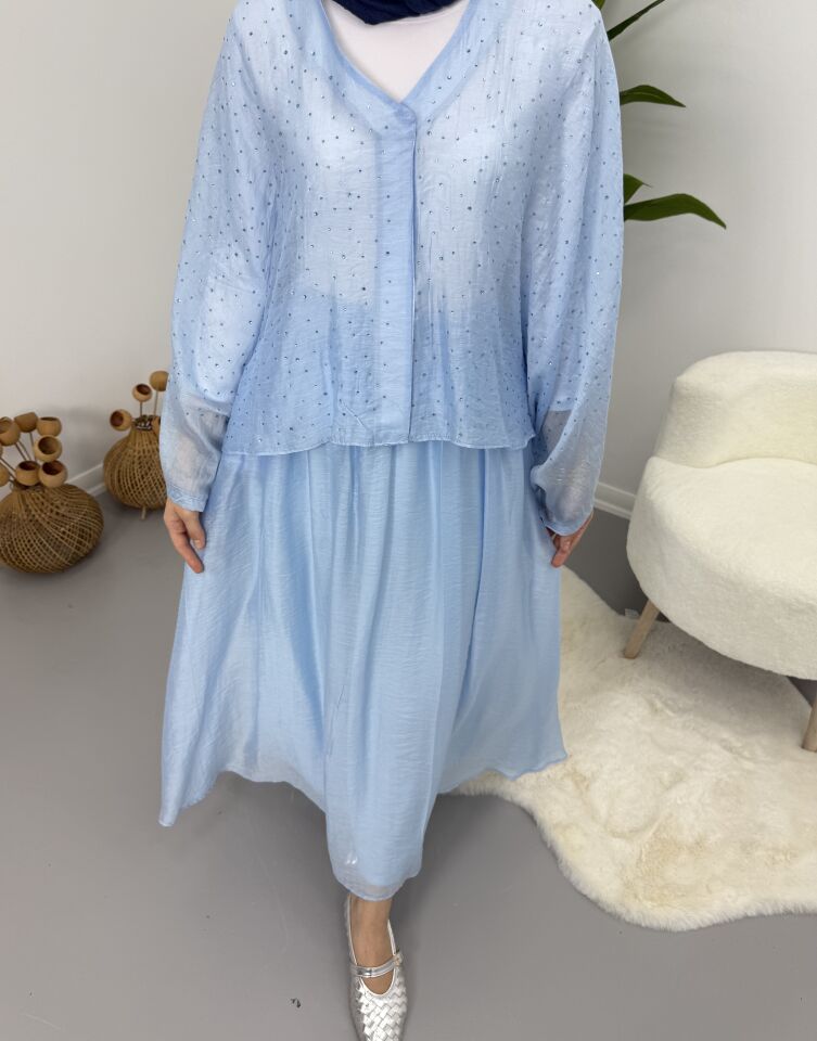 Taşlı Dökümlü Etek Takım Mavi STANDART