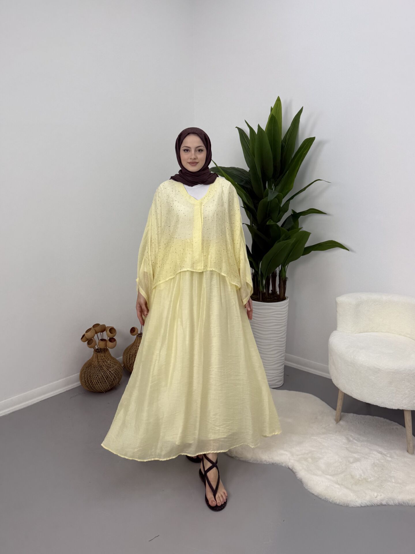 Taşlı Dökümlü Etek Takım Sarı STANDART