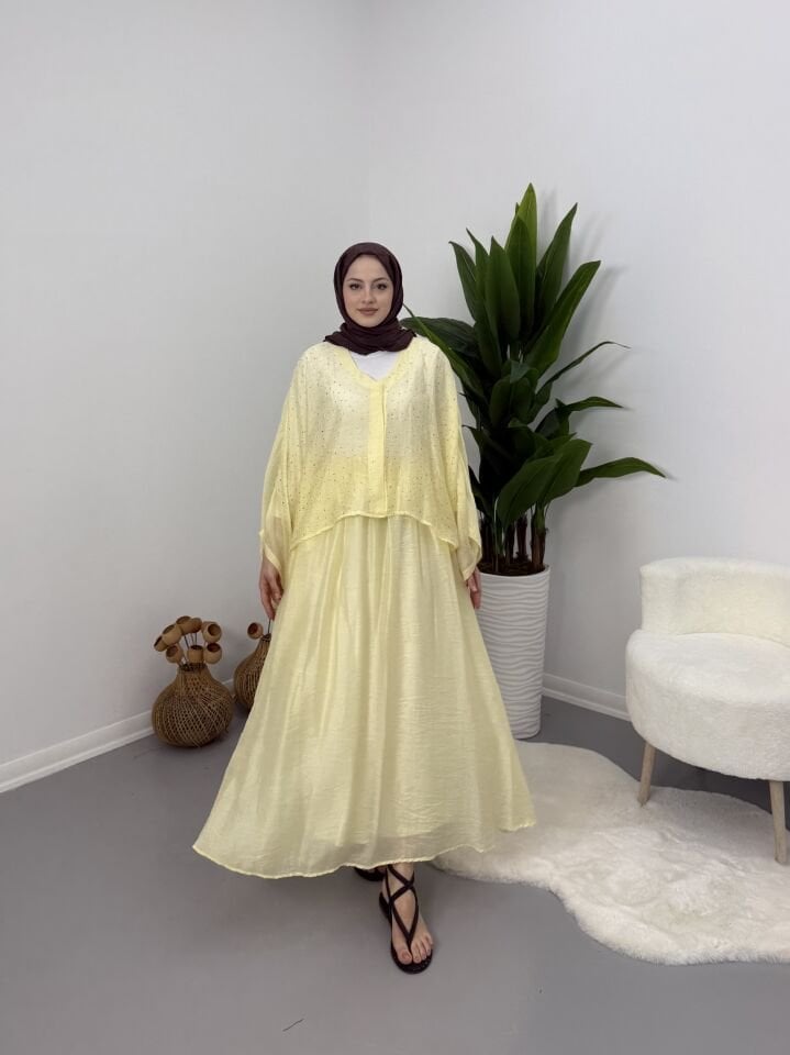 Taşlı Dökümlü Etek Takım Sarı STANDART