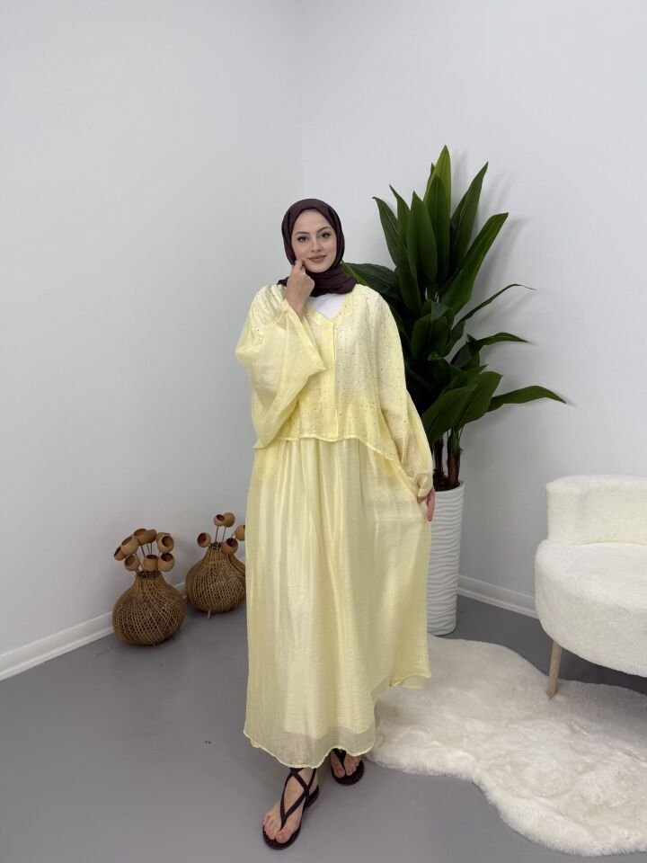 Taşlı Dökümlü Etek Takım Sarı STANDART