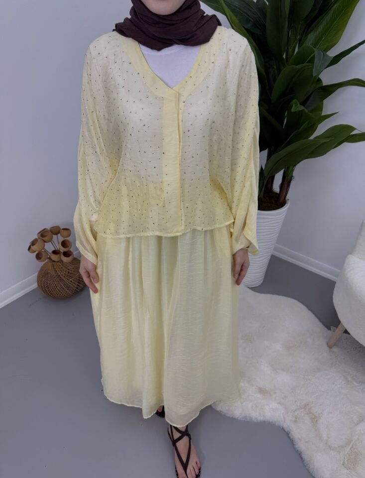 Taşlı Dökümlü Etek Takım Sarı STANDART