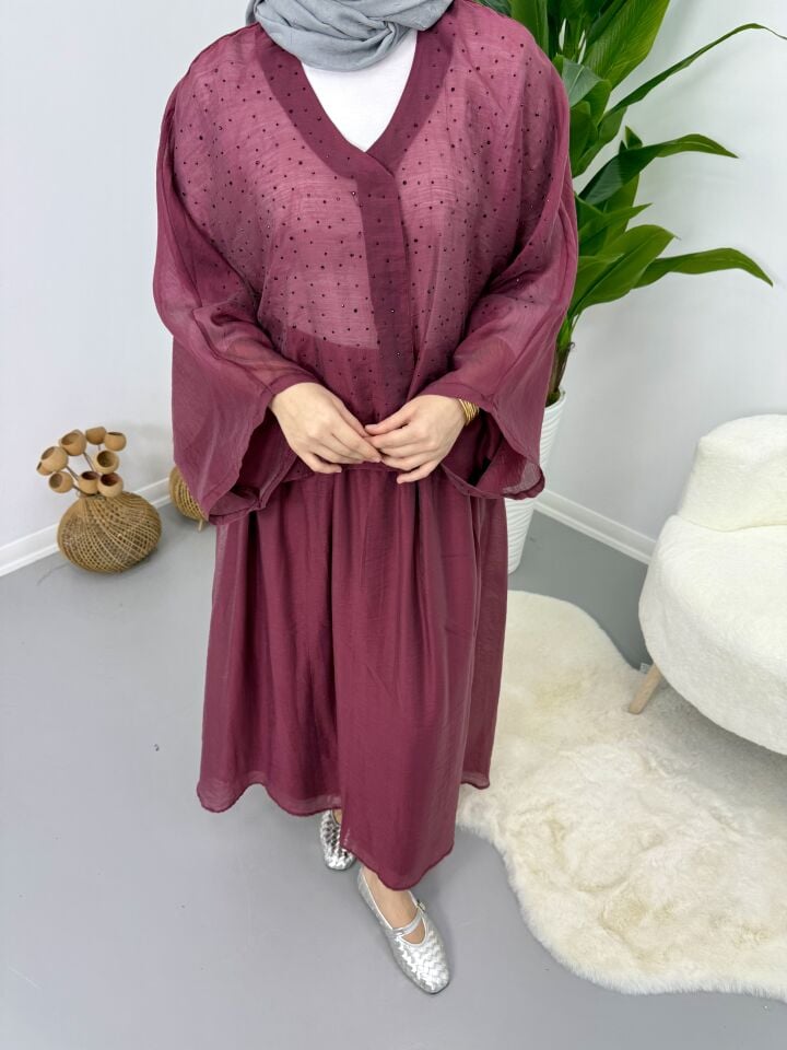 Taşlı Dökümlü Etek Takım Bordo STANDART