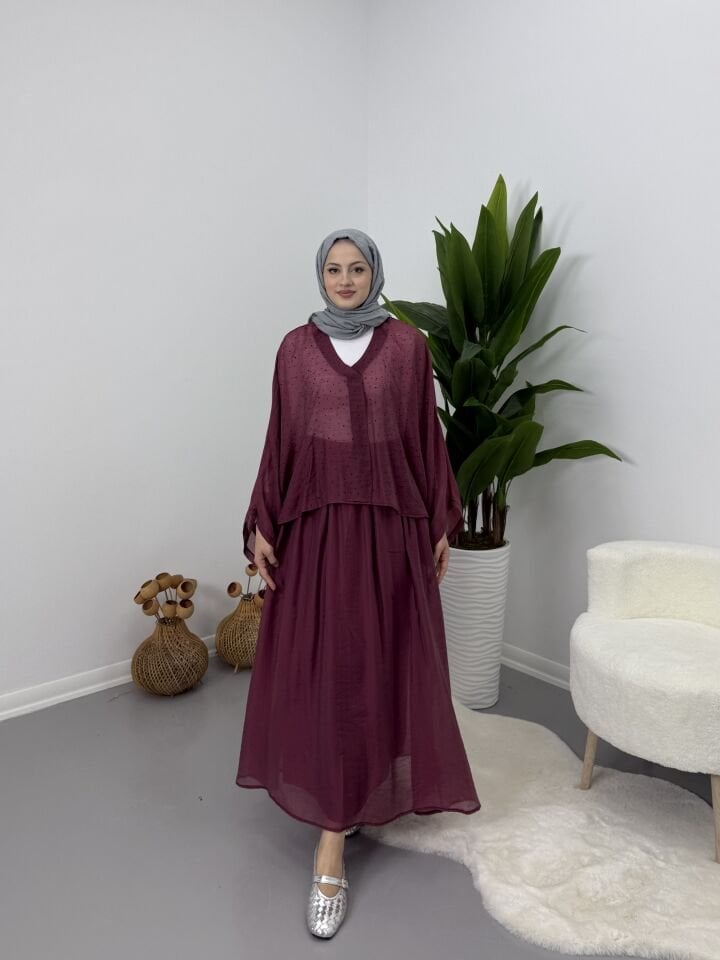 Taşlı Dökümlü Etek Takım Bordo STANDART