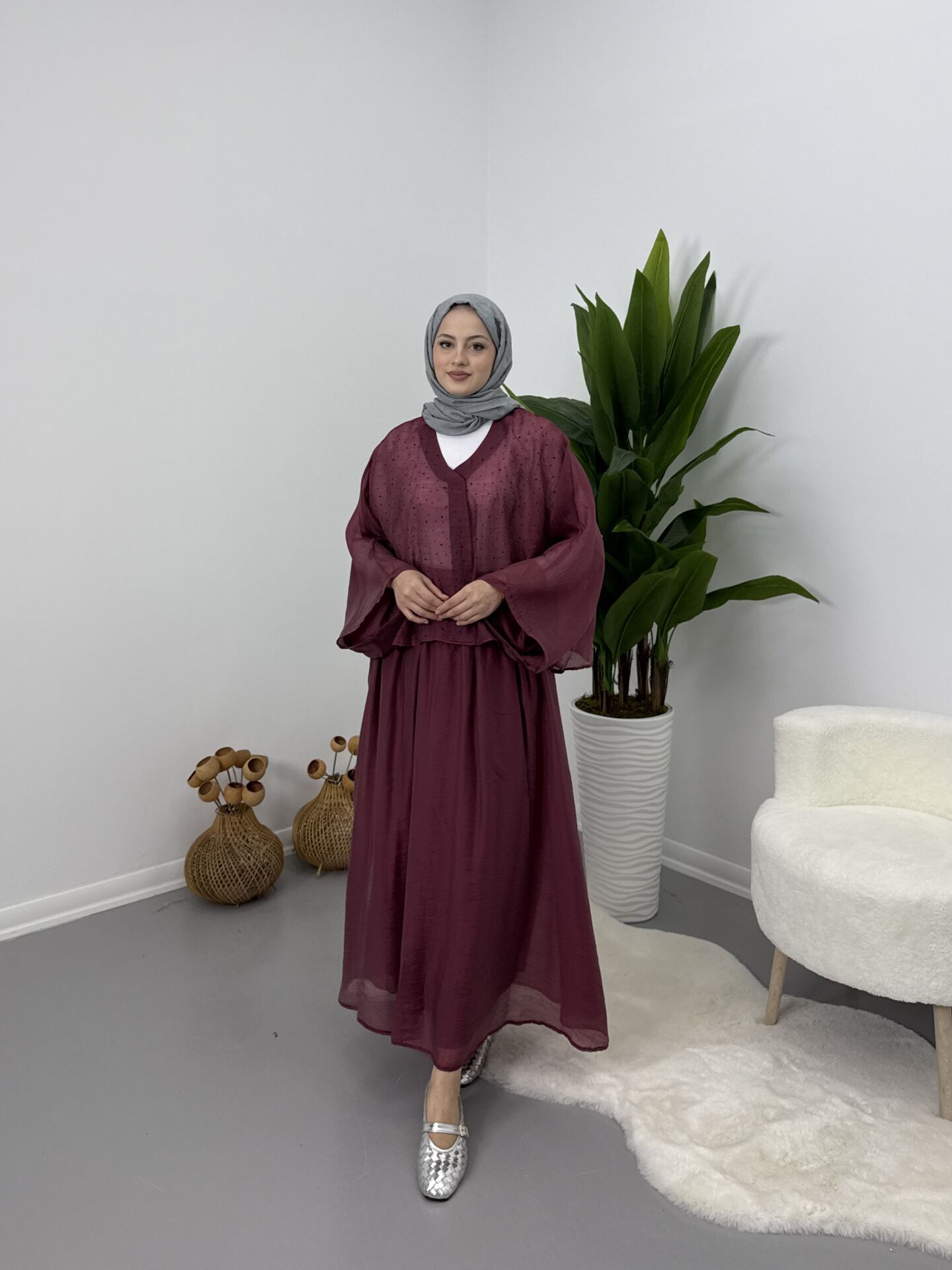 Taşlı Dökümlü Etek Takım Bordo STANDART