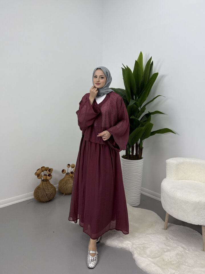 Taşlı Dökümlü Etek Takım Bordo STANDART