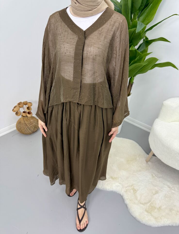 Taşlı Dökümlü Etek Takım Kahve STANDART