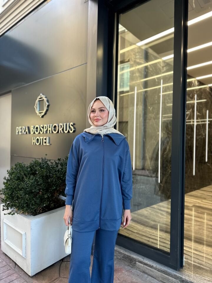 İki İplik Geniş Paça Fermuarlı Takım Mavi 2XL
