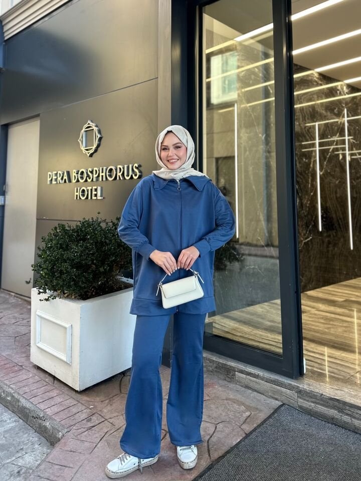 İki İplik Geniş Paça Fermuarlı Takım Mavi 2XL