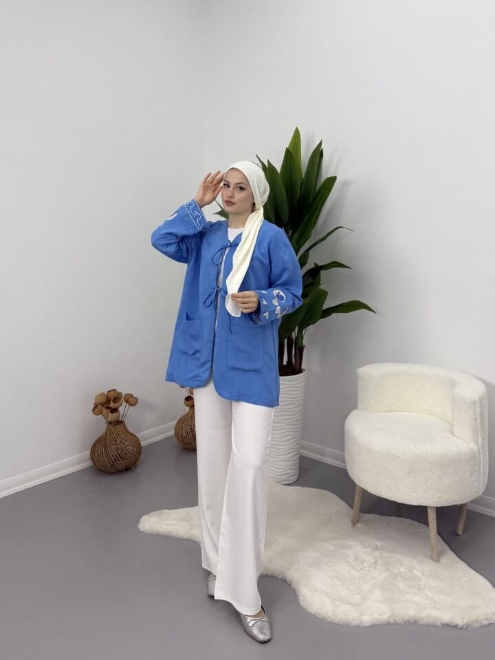 Nakış Detaylı Mavi Kimono S-M