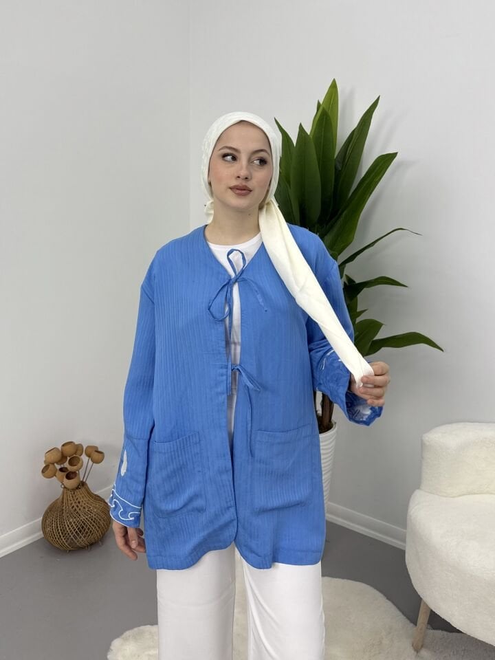 Nakış Detaylı Mavi Kimono S-M