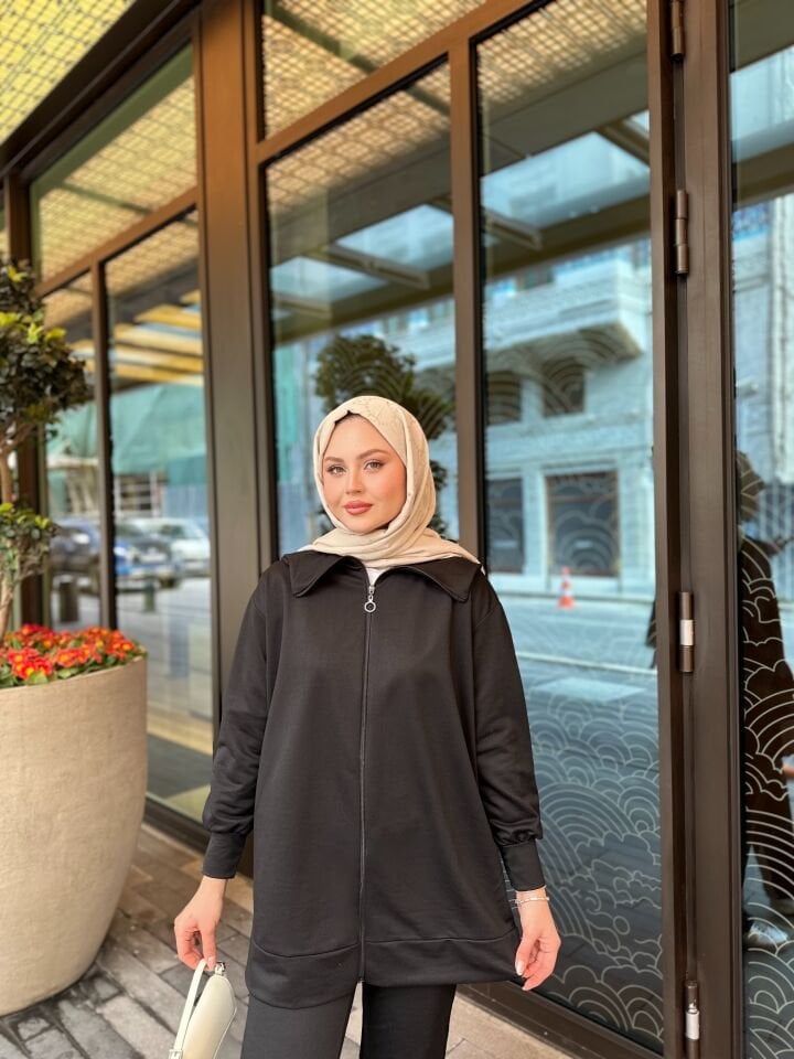 İki İplik Geniş Paça Fermuarlı Takım Siyah 2XL