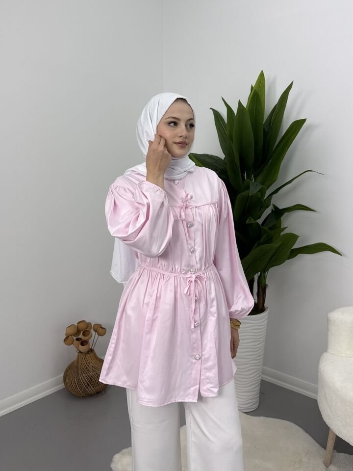 Belden Büzgülü Gömlek Pembe S