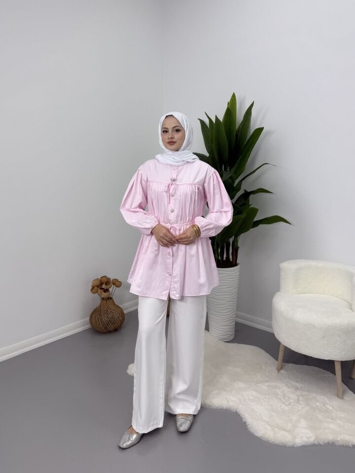 Belden Büzgülü Gömlek Pembe S