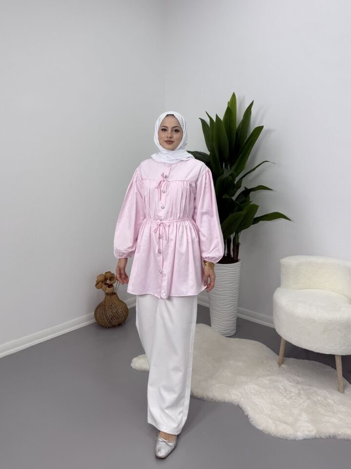 Belden Büzgülü Gömlek Pembe S