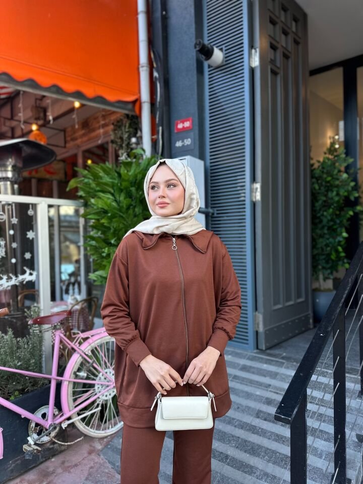 İki İplik Geniş Paça Fermuarlı Takım Kahverengi 2XL