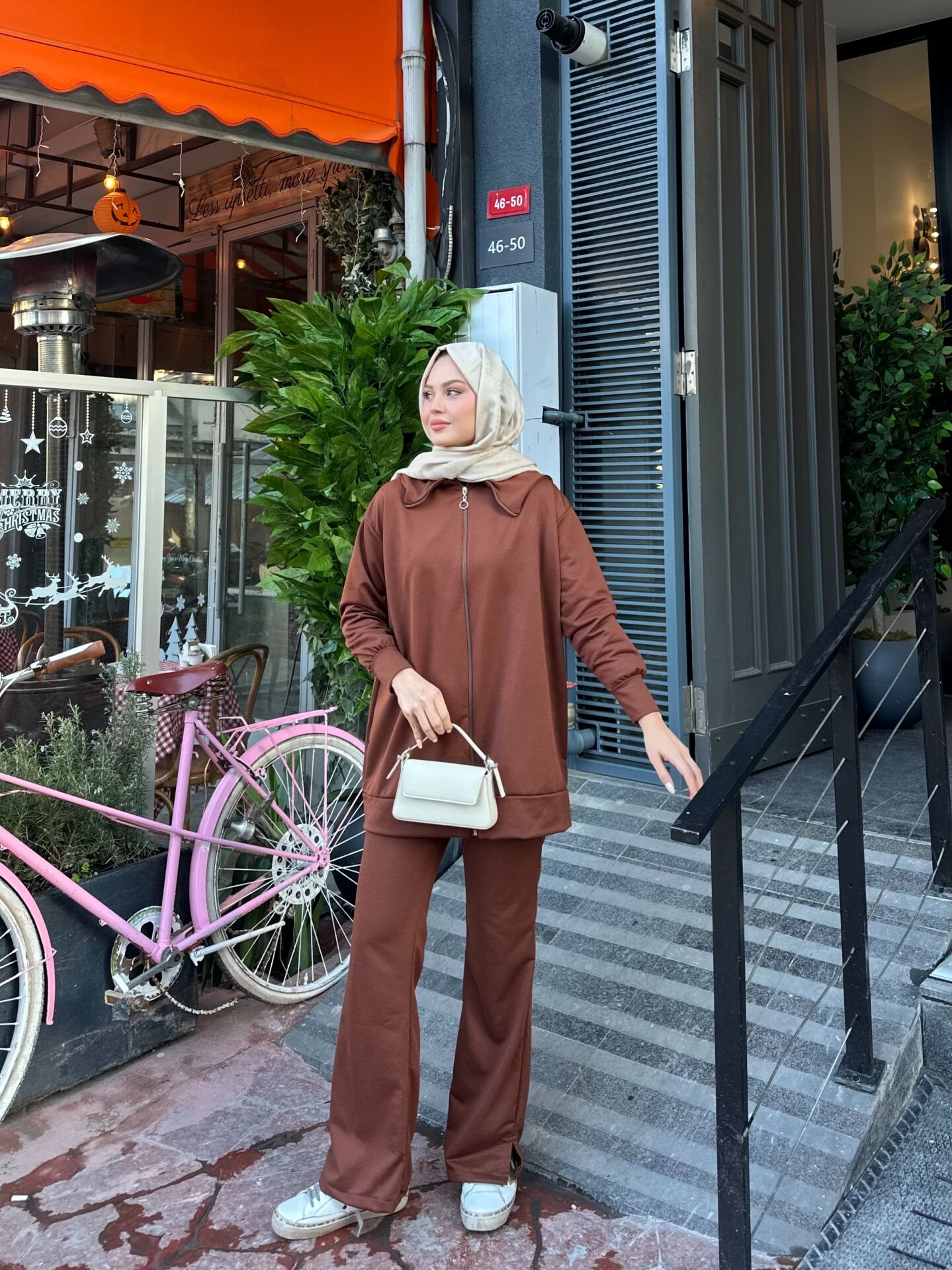 İki İplik Geniş Paça Fermuarlı Takım Kahverengi 2XL