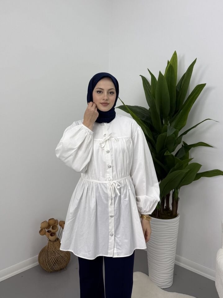 Belden Büzgülü Gömlek Beyaz XL