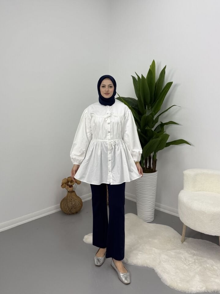 Belden Büzgülü Gömlek Beyaz XL