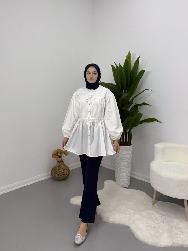 Belden Büzgülü Gömlek Beyaz XL