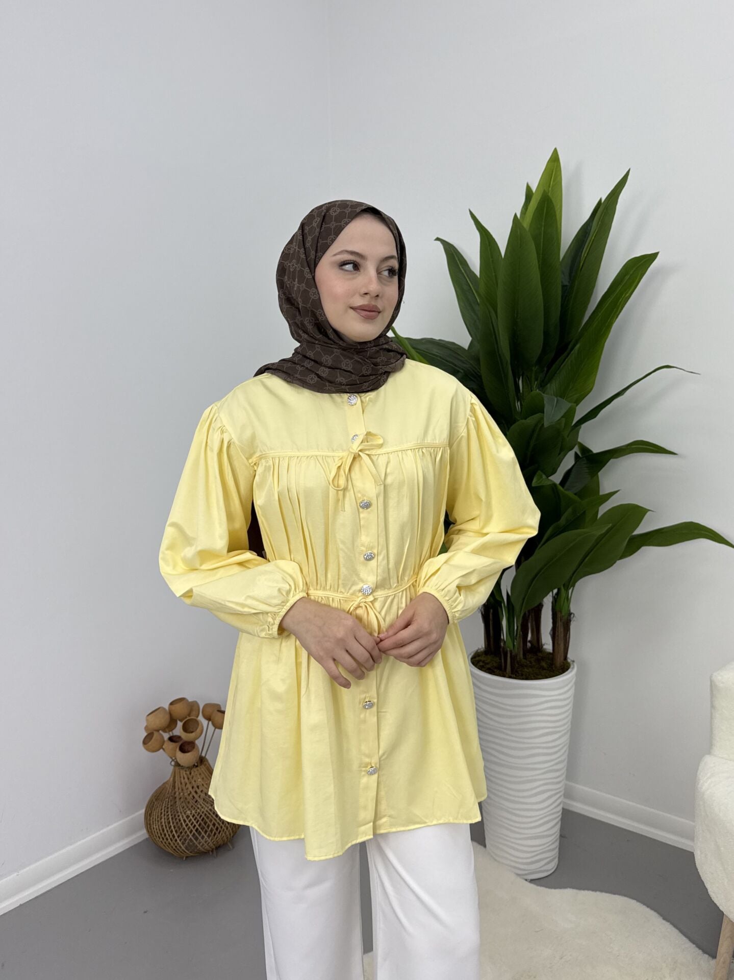 Belden Büzgülü Gömlek Sarı L