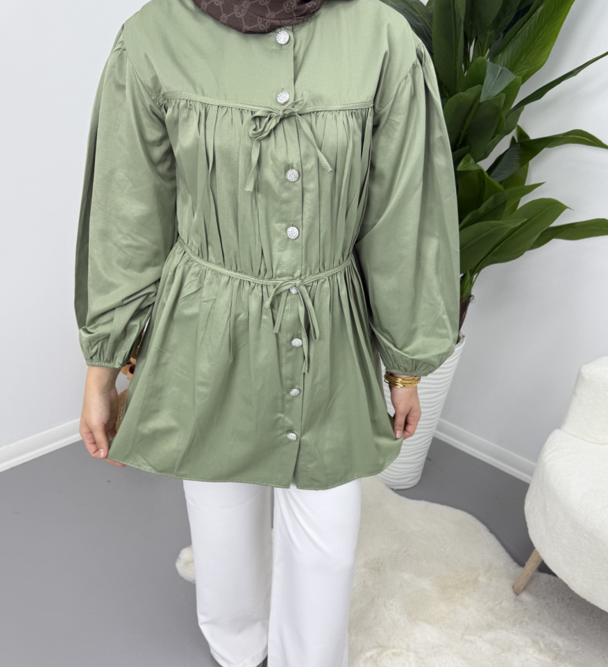 Belden Büzgülü Gömlek Yeşil S