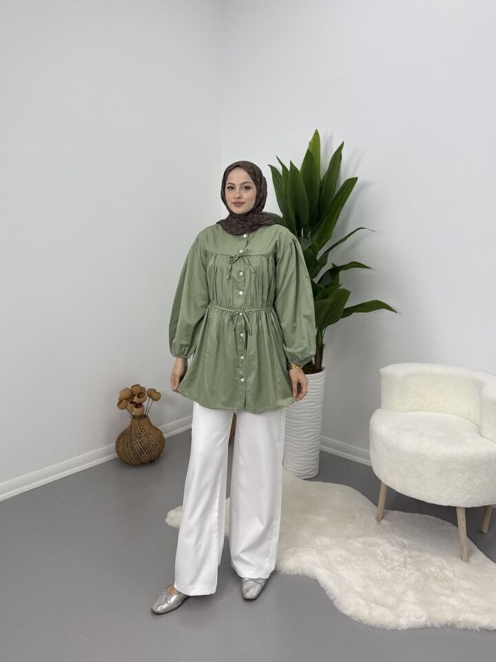 Belden Büzgülü Gömlek Yeşil S