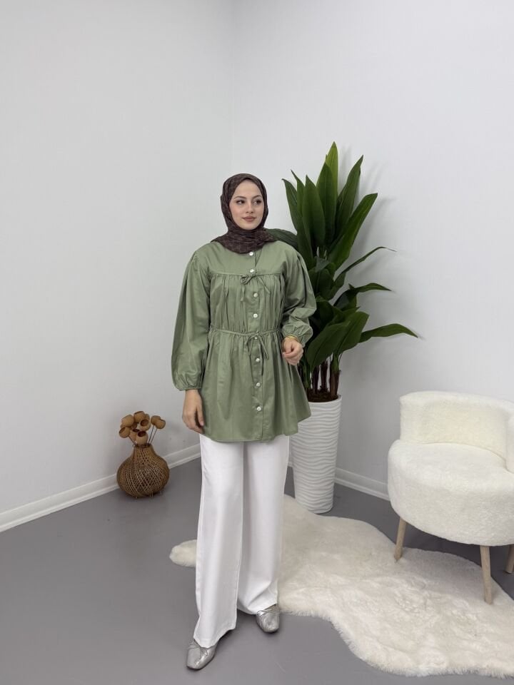 Belden Büzgülü Gömlek Yeşil S