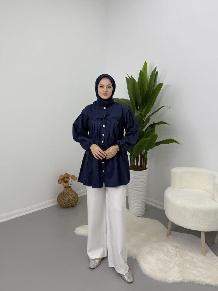 Belden Büzgülü Gömlek Lacivert S