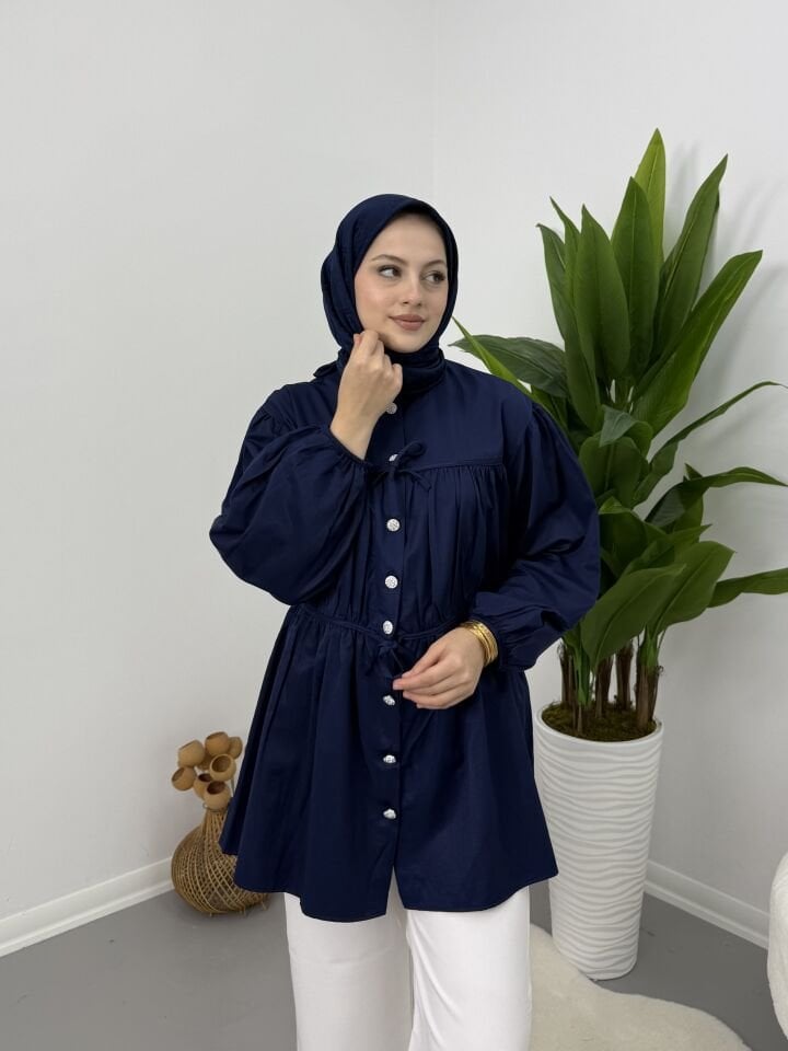 Belden Büzgülü Gömlek Lacivert XL