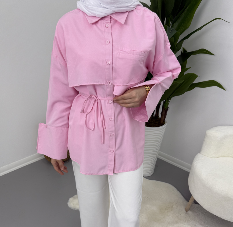 Manşet Detaylı Kadın Gömlek Pembe XL
