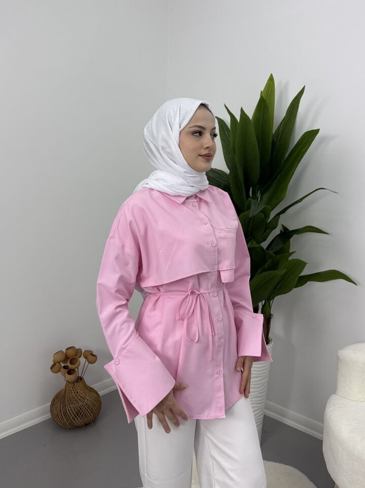 Manşet Detaylı Kadın Gömlek Pembe S