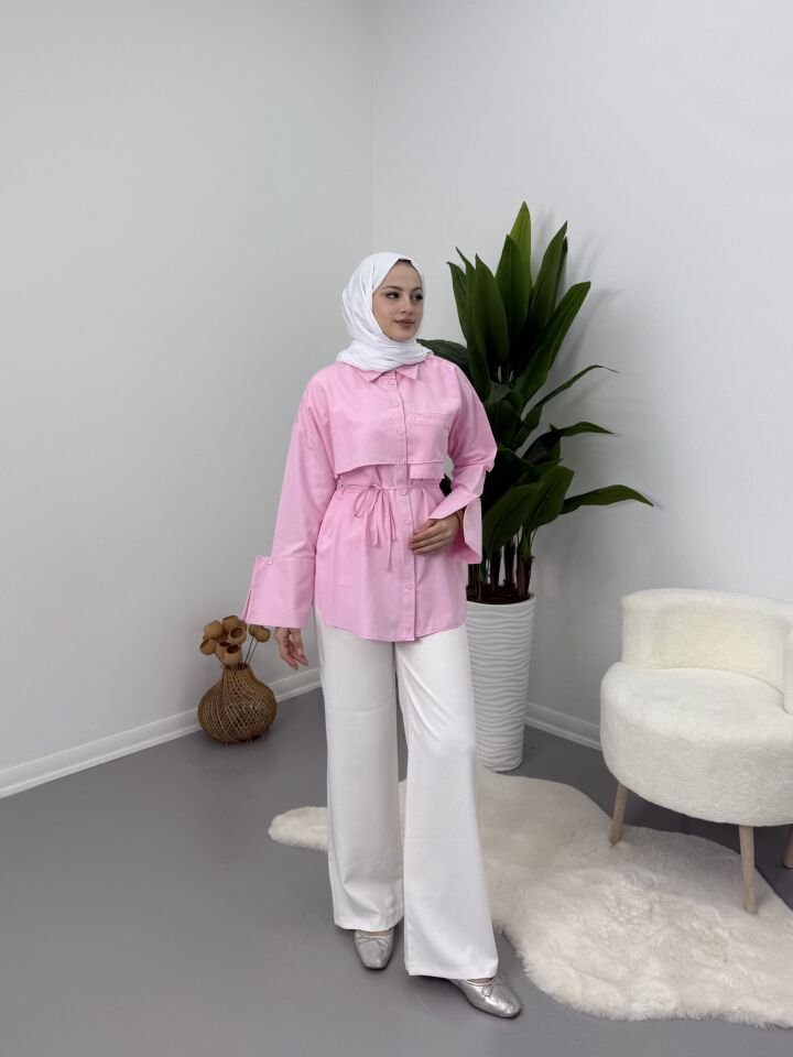 Manşet Detaylı Kadın Gömlek Pembe S