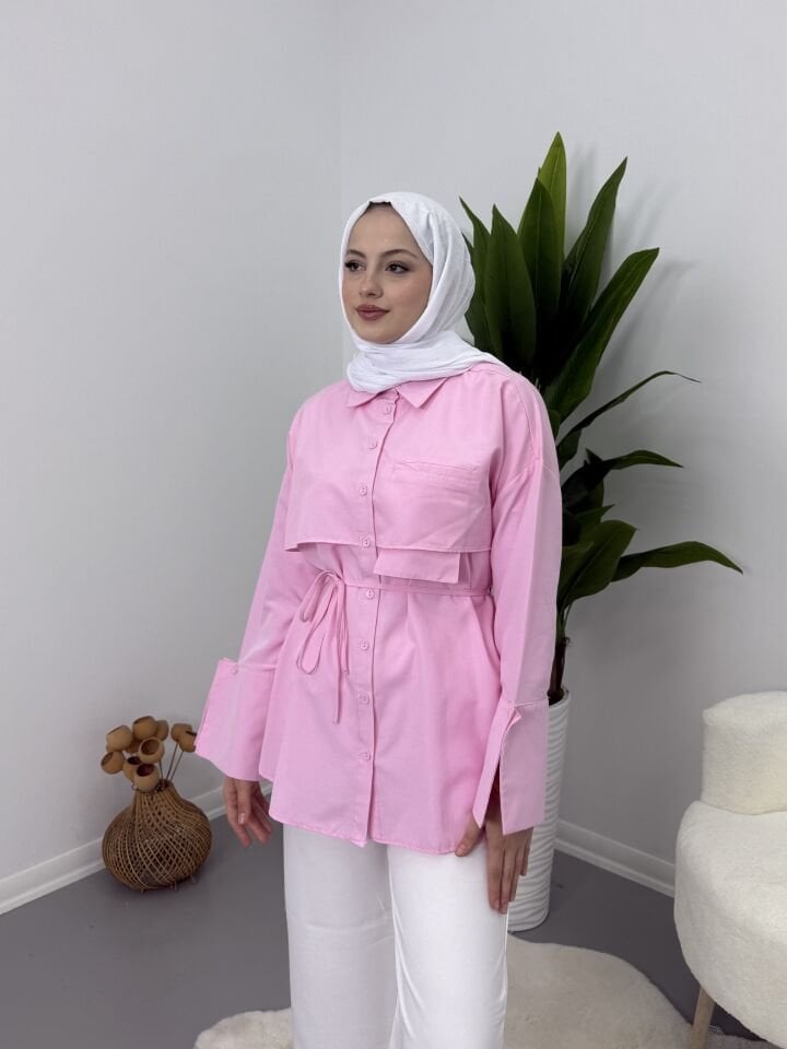Manşet Detaylı Kadın Gömlek Pembe XL