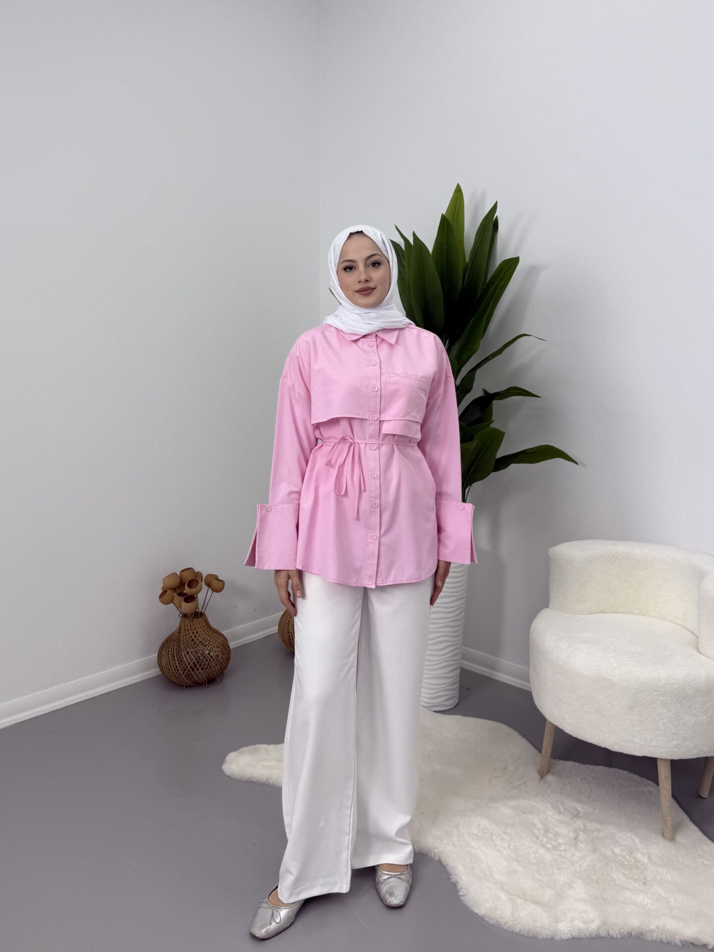 Manşet Detaylı Kadın Gömlek Pembe S